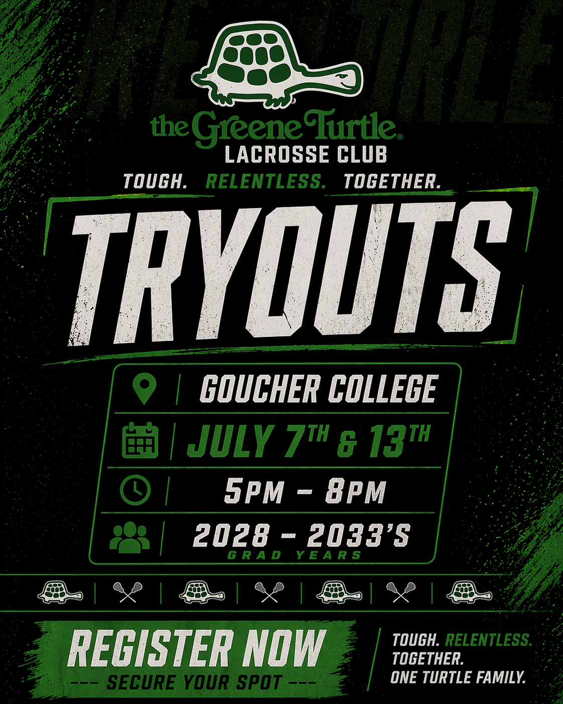 Greene Turtle Lacrosse Club Tryouts — Goucher College, July 7 & 13, 5–8PM, Grad Years 2028–2033